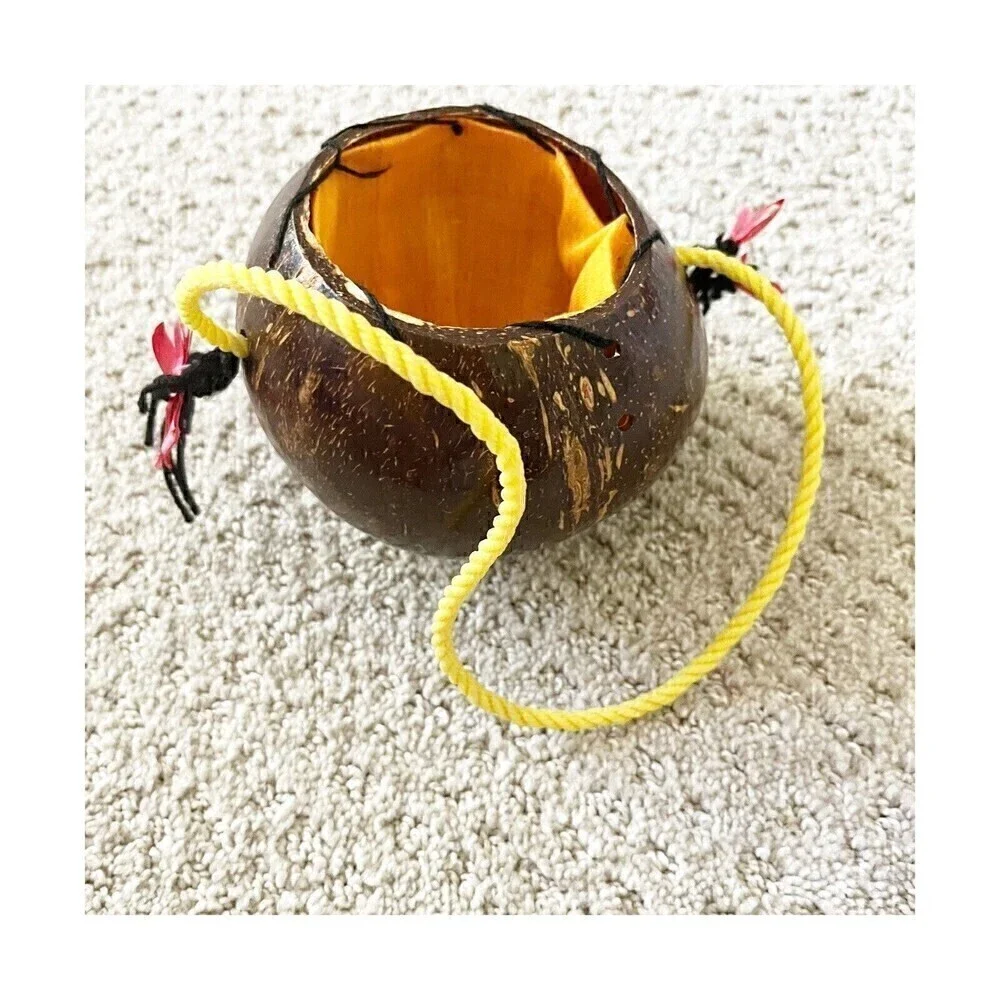 Handmade Coconut Shell Purse Smiley Girl Face Braided Hair Curiosity Oddity